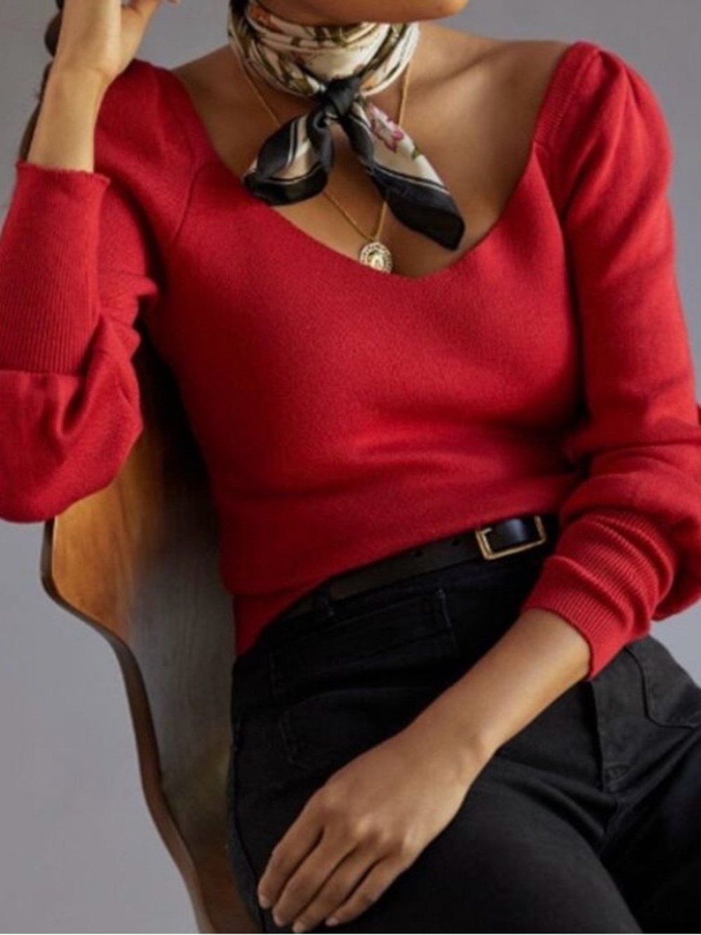 Anthropologie Women's Red V-Neck Puff Sleeve Sweater